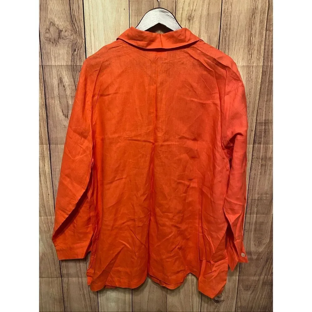 Lucy Pereda 22W 100% Linen blouse button up women’s plus size orange shirt top